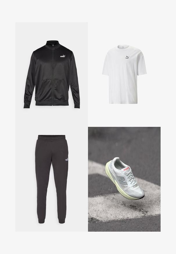 Black zip-up jacket made of smooth, shiny fabric. Features a high collar, two front pockets, and a white Puma logo on the left chest.; White cotton T-shirt with a round neckline and short sleeves. Features a small black Puma logo on the left chest. Smooth texture, casual fit.; Dark grey sweatpants with an elastic waistband, tapered legs, and a small white Puma logo on the left thigh. Soft cotton blend material.; Lightweight running shoe with a white mesh upper, yellow midsole, and gray accents. Features a prominent ‘N’ logo and textured surface.