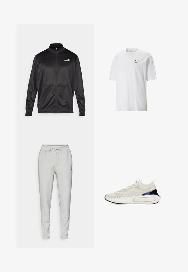 Chaqueta negra con cremallera hecha de un tejido liso y brillante. Presenta un cuello alto, dos bolsillos frontales y un logo blanco de Puma en el lado izquierdo del pecho.; Camiseta blanca de algodón con cuello redondo y mangas cortas. Presenta un pequeño logo negro de Puma en el lado izquierdo del pecho. Textura suave, corte casual.; Joggers gris claro hechos de una tela suave, con una cinturilla elástica y cordón, bolsillos laterales y patas entalladas.; Zapatilla blanca con parte superior de tejido texturizado, detalles perforados y un acento brillante en navy en el talón. Presenta una suela blanca acolchada.
