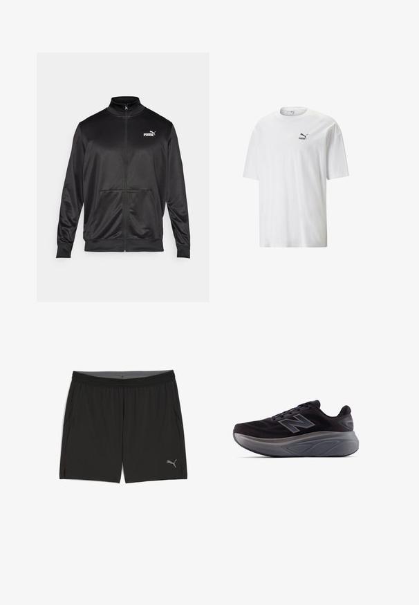 Juodas zip-up švarkas, pagamintas iš lygaus, blizgaus audinio. Turintis aukštą apykaklę, dvi priekinės kišenes ir baltą Puma logotipą kairiajame krūtinės kampe.; Balta medvilnės marškinėliai trumpomis rankovėmis ir apvalia iškirpte. Kairėje krūtinės pusėje yra mažas juodas Puma logotipas. Lygus paviršius, laisvas kirpimas.; Juodi sportiniai šortai, pagaminti iš lengvos medžiagos. Išskirtinis bruožas – elastinga juosmeninė juosta, šoninės kišenės ir subtilus pilkas logotipas apatiniame priekyje.; Juodas sportinis batelis su tekstūruotu viršumi, sustiprintu kulnu ir storu pilku padu. Yra ryškus "N" logotipas.