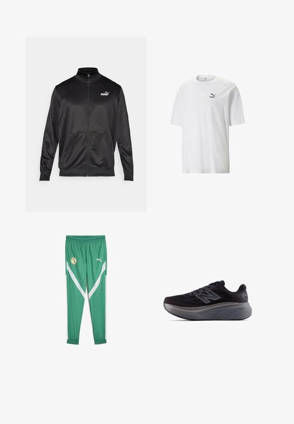 Mustat vetoketjulliset takit, jotka on valmistettu sileästä, kiiltävästä kankaasta. Ominaisuuksiin kuuluvat korkea kaulus, kaksi etutaskua ja valkoinen Puma-logo vasemmassa rinnassa.; Valkoinen puuvillapaita, jossa on pyöreä kaula-aukko ja lyhyet hihat. Vasemmassa rinnassa on pieni musta Puma-logo. Mukava pinta, rento malli.; Vihreät urheiluhousut, jotka on valmistettu kevyestä kankaasta, valkoisilla vinoilla raidoilla, joustavalla vyötäröllä ja Senegal-nationaalijoukkueen logolla.; Mustat urheilukengät, joissa on teksturoitu pinta, vahvistettu kanta ja paksu harmaa pohja. Ominaisuutena hyvin näkyvä "N"-logo.