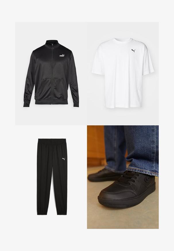 Fekete, sima, fényes anyagból készült, cipzáros dzseki. Magas gallérral, két elülső zsebbel és fehér Puma logóval rendelkezik a bal mellrészen.; Fehér pamut póló kerek nyakkal és rövid ujjakkal. A bal melle részén egy apró fekete Puma logó található. Puha tapintás.; Fekete sportnadrág, könnyű anyagból készült, rugalmas derékkal, kicsípett lábakkal és fehér Puma logóval a bal combon.; Fekete sportcipők sima, szintetikus anyagból. Fűzős záródással és texturált díszítéssel rendelkezik a felsőrészen. Gumitalp, amelyek taposó mintával rendelkezik.