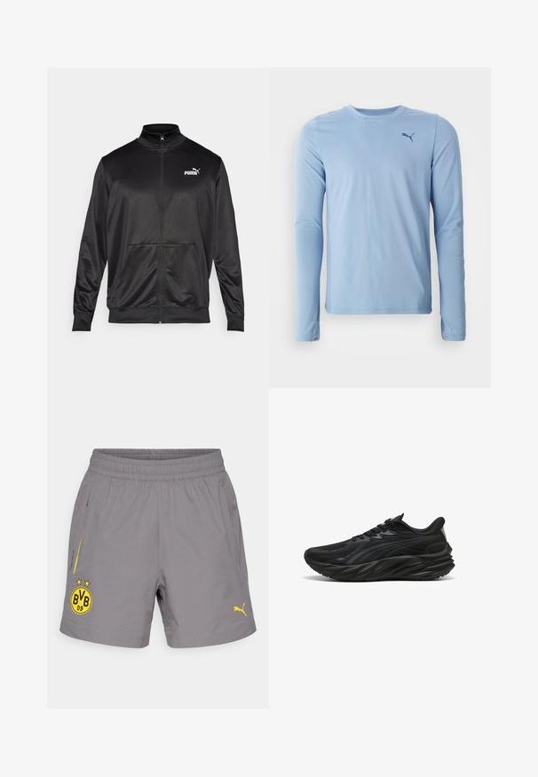 Chaqueta negra con cremallera hecha de un tejido liso y brillante. Presenta un cuello alto, dos bolsillos frontales y un logo blanco de Puma en el lado izquierdo del pecho.; Camisa de manga larga azul claro hecha de un material suave y elástico. Presenta un cuello redondo y un pequeño logo oscuro en el lado izquierdo del pecho.; Pantalones cortos deportivos grises hechos de material ligero. Presentan acentos y logotipos amarillos, cinturilla elástica y dos bolsillos laterales.; Zapatilla deportiva negra con parte superior texturizada, suela curvada y talón reforzado. Presenta cordones y un sutil elemento de diseño lateral.