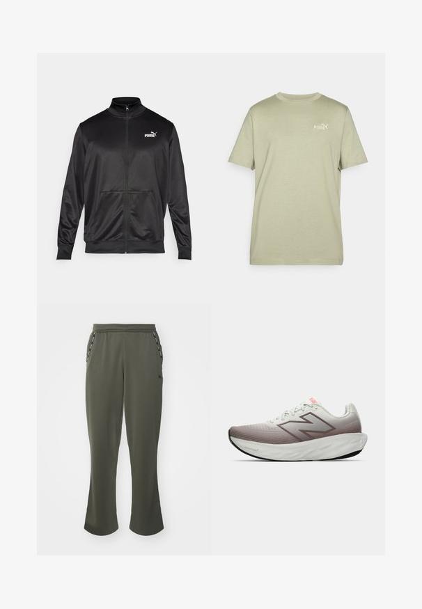 Melnā ar rāvējslēdzēju aizdaram veste, izgatavota no gludas, spīdīgas auduma. Tam ir augsta apkakle, divas priekšējās kabatas un balts Puma logotips kreisajā krūtī.; Olīvu zaļš t-krekls ar apaļu kaklu un īsām piedurknēm. Uz krūšu daļas ir maza balta Puma logo. Izgatavots no mīksta, viegla auduma.; Olīvu zaļas sporta bikses ar brīvu piegriezumu, elastīgu jostu, sānu kabatām un kontrastējošiem melniem akcentiem gar kabatām. Mīksts auduma tekstūra.; Balta un gaiši brūna New Balance skriešanas apava ar biezāku mīksto zolīti un "N" logo sānos, attēlota kreisajā profilā uz baltas fona.