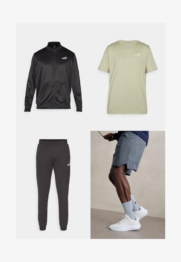 Svart zip-up jakke laget av glatt, skinnende stoff. Har høy krage, to frontlommer og en hvit Puma-logo på venstre bryst.; Olivengrønn t-skjorte med rund hals og korte ermer. Har en liten hvit Puma-logo på brystet. Laget av myk, lettvektig stoff.; Mørkegrå joggebukser med elastisk midjebånd, innsvingte ben og en liten hvit Puma-logo på venstre lår. Mykt bomullsblanding materiale.; Hvite treningssko med teksturert mesh-overdel, kombinert med lyseblå ribbestrikkede sokker med logo. Grå treningsshorts med perforert kant.