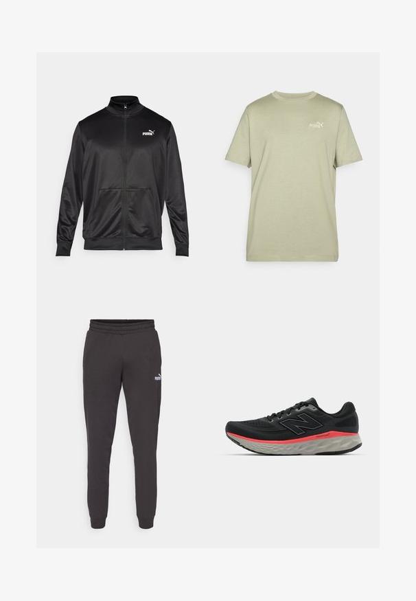 Črna jakna na zadrgo iz gladkega, sijočega materiala. Ima visok ovratnik, dva sprednja žepa in belo Puma logotip na levem prsnem delu.; Olive zelena majica s kratkimi rokavi in okroglem ovratu. Ima majhen bel Puma logotip na prsih. Narejena je iz mehkega in lahkega materiala.; Temno sivi trenerki z elastičnim pasom, zoženimi hlačnicami in majhnim belim logotipom Puma na levi stegn. Mehka tkanina iz bombažne mešanice.; Črne tekaške čevlje z mrežastim zgornjim delom, okrašene s roza srednjim delom podplata in sivo podplatom. Imajo teksturirane podrobnosti in prilagodljivo zasnovo podplata.