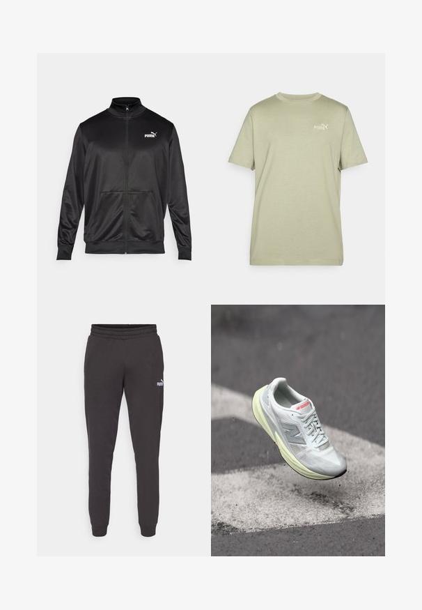 Black zip-up jacket made of smooth, shiny fabric. Features a high collar, two front pockets, and a white Puma logo on the left chest.; Olive green t-shirt with a round neck and short sleeves. Features a small white Puma logo on the chest. Made of soft, lightweight fabric.; Dark grey sweatpants with an elastic waistband, tapered legs, and a small white Puma logo on the left thigh. Soft cotton blend material.; Lightweight running shoe with a white mesh upper, yellow midsole, and gray accents. Features a prominent ‘N’ logo and textured surface.