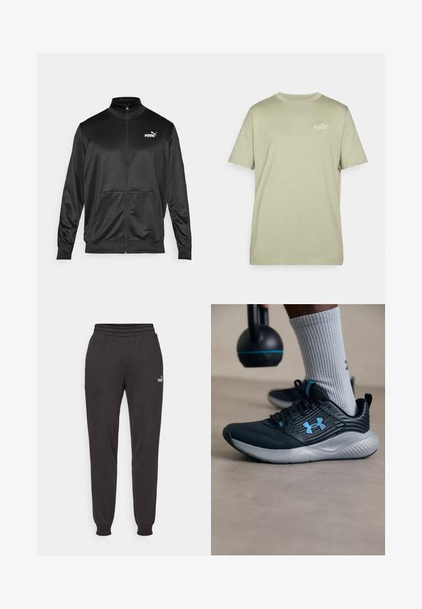 Črna jakna na zadrgo iz gladkega, sijočega materiala. Ima visok ovratnik, dva sprednja žepa in belo Puma logotip na levem prsnem delu.; Olive zelena majica s kratkimi rokavi in okroglem ovratu. Ima majhen bel Puma logotip na prsih. Narejena je iz mehkega in lahkega materiala.; Črne trenirke iz mehkega materiala, z elastičnim pasom, zaprtimi gležnji in diskretnim logotipom na levem stegnu.; Črne atletske čevlje z modrimi detajli, teksturirano zgornjo plastjo in sivo podplato. Obuti z sivimi rebrastimi nogavicami, ob črnem kettlebellu.