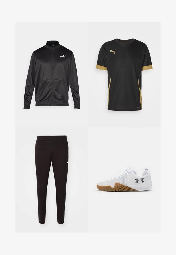 Črna jakna na zadrgo iz gladkega, sijočega materiala. Ima visok ovratnik, dva sprednja žepa in belo Puma logotip na levem prsnem delu.; Črna športna majica s kratkimi rokavi in zlatimi detajli na rokavih in stranskih delih. Ima okroglo ovratnik, kratke rokave in tkanino DRYCELL, ki odvaja vlago.; Črne trenirke s oprijetim krojem, elastičnim pasom in belim logotipom na levi stegenski strani. Narejene iz mehkega, teksturiranega materiala.; Bele športne čevlje z mrežastim zgornjim delom, gumijastim podplatom v barvi gumija, teksturiranimi poudarki in črnim logotipom na strani.