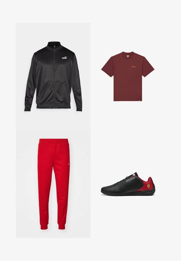 Zwarte jas met rits, gemaakt van een gladde, glanzende stof. Heeft een hoge kraag, twee voorzakken en een wit Puma-logo op de linkerborst.; Bordeaux katoenen t-shirt met korte mouwen, ronde hals en een klein oranje 'DICKIES' logo op de borst. Glad textuur, casual ontwerp.; Rode sweatpants gemaakt van zachte stof met een elastische tailleband, taps toelopende benen en gouden logo-detail aan de linkerkant. Gladde textuur.; Zwarte sneakers met rode accenten, gestroomlijnd ontwerp, geperforeerde textuur op de bovenkant, met een metalen accent en een logo op de hiel.