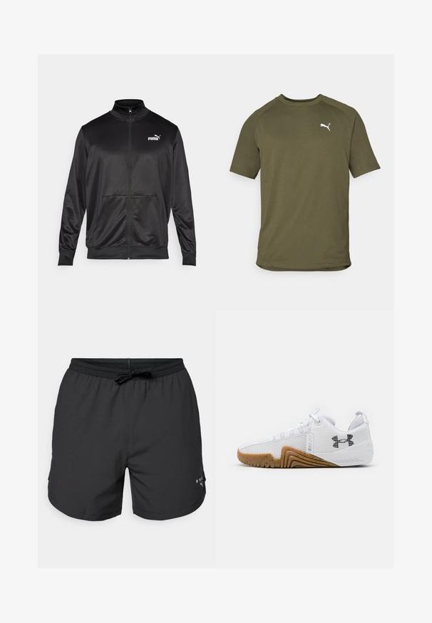 Schwarze Zip-Jacke aus glattem, glänzendem Stoff. Merkmale sind ein hoher Kragen, zwei Fronttaschen und ein weißes Puma-Logo auf der linken Brust.; Olivgrünes T-Shirt mit kurzen Ärmeln, aus glattem Stoff, mit rundem Halsausschnitt und weißem Logo auf der linken Brustseite.; Schwarze Badeshorts mit elastischem Bündchen und Kordelzug. Leichtes Material mit Seitentaschen. Mit einem kleinen Logo am Saum.; Weiße Sportschuhe mit einem Obermaterial aus Mesh, einer Gummisohle in Braun, strukturierten Akzenten und einem schwarzen Logo an der Seite.