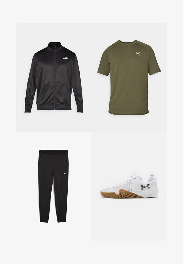 Čierna zipsová bunda vyrobená z hladkej, lesklej textílie. Má vysoký golier, dve predné vrecká a biele logo Puma na ľavej hrudi.; Olívovo zelené tričko s krátkym rukávom, vyrobené z hladkej látky, má okrúhly výstrih a biele logo na ľavej strane hrudníka.; Čierne športové nohavice s elastickým pásom, bočnými vreckami a bielymi akcentmi loga. Vyznačujú sa úzkym strihom a zúženými nohavicami.; Biele atletické topánky s priedušným zvrškom, gumenou podrážkou v gumovej farbe, textúrovanými akcentmi a čiernym logom na boku.