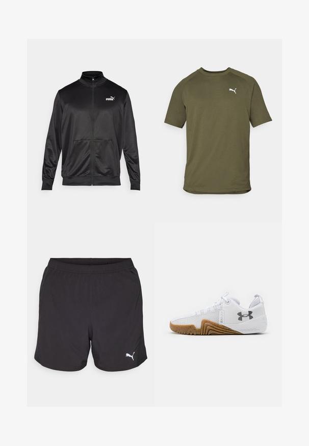 Zwarte jas met rits, gemaakt van een gladde, glanzende stof. Heeft een hoge kraag, twee voorzakken en een wit Puma-logo op de linkerborst.; Olijfgroene t-shirt met korte mouwen, gemaakt van een gladde stof, heeft een ronde hals en een wit logo op de linkerborst.; Zwarte sportshorts van lichtgewicht stof, met een elastische tailleband en een klein wit Puma-logo aan de linkerkant.; Witte sportschoenen met een bovenwerk van mesh, rubberen buitenzool in een gomkleur, textuuraccenten en een zwart logo op de zijkant.