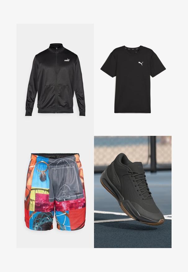 Zwarte jas met rits, gemaakt van een gladde, glanzende stof. Heeft een hoge kraag, twee voorzakken en een wit Puma-logo op de linkerborst.; Zwart sport t-shirt met korte mouwen van synthetische stof, met een wit Puma-logo op de bovenste linkerborst. Gladde textuur, ronde hals.; Mesh basketbalkorte met een multikleuren patchworkontwerp met afbeeldingen van basketballen, ringen en velden; elastische tailleband met trekkoord.; Zwarte sportieve schoen met een glad synthetisch bovenwerk, gestructureerde accenten en een gumrubberen zool, ontworpen voor prestaties en comfort.