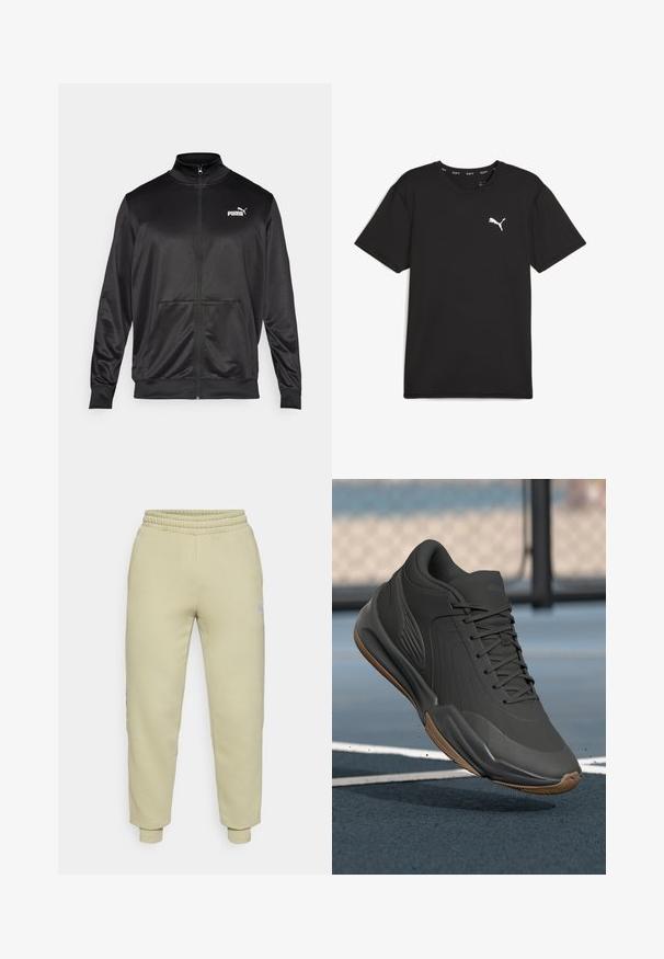 Zwarte jas met rits, gemaakt van een gladde, glanzende stof. Heeft een hoge kraag, twee voorzakken en een wit Puma-logo op de linkerborst.; Zwart sport t-shirt met korte mouwen van synthetische stof, met een wit Puma-logo op de bovenste linkerborst. Gladde textuur, ronde hals.; Lichtgroene sweatpants met een zachte textuur, elastische tailleband en cuffed enkels. Kleine logodetail aan de zijkant.; Zwarte sportieve schoen met een glad synthetisch bovenwerk, gestructureerde accenten en een gumrubberen zool, ontworpen voor prestaties en comfort.