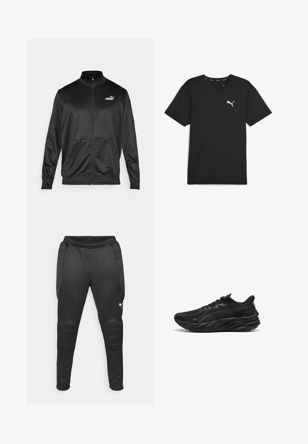 Zwarte jas met rits, gemaakt van een gladde, glanzende stof. Heeft een hoge kraag, twee voorzakken en een wit Puma-logo op de linkerborst.; Zwart sport t-shirt met korte mouwen van synthetische stof, met een wit Puma-logo op de bovenste linkerborst. Gladde textuur, ronde hals.; Zwarte sportlegging met gevoerde kniepaneel, taps toelopend design, elastische tailleband en Puma-logo op de onderste linkerpoot. Glad textuur.; Zwarte sportschoen met een gestructureerde bovenkant, gebogen zool en versterkte hiel. Voorzien van veters en een subtiel ontwerpelement aan de zijkant.
