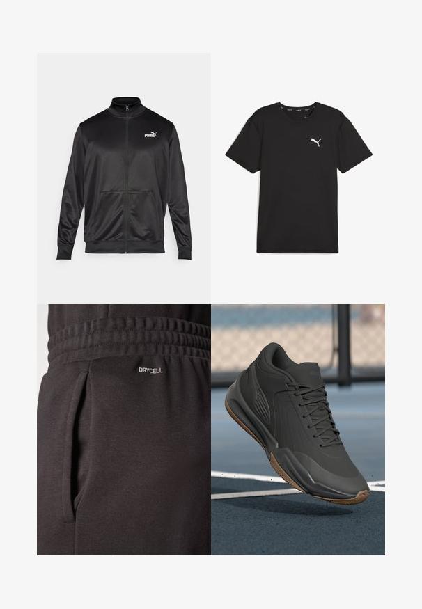 Zwarte jas met rits, gemaakt van een gladde, glanzende stof. Heeft een hoge kraag, twee voorzakken en een wit Puma-logo op de linkerborst.; Zwart sport t-shirt met korte mouwen van synthetische stof, met een wit Puma-logo op de bovenste linkerborst. Gladde textuur, ronde hals.; Zwarte sportbroek van gestructureerde stof heeft een elastische tailleband, zijzakken en een "DRYCELL" label nabij de zak.; Zwarte sportieve schoen met een glad synthetisch bovenwerk, gestructureerde accenten en een gumrubberen zool, ontworpen voor prestaties en comfort.