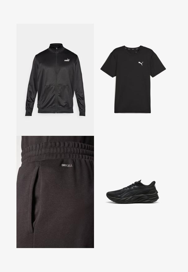 Schwarze Zip-Jacke aus glattem, glänzendem Stoff. Merkmale sind ein hoher Kragen, zwei Fronttaschen und ein weißes Puma-Logo auf der linken Brust.; Schwarz, kurzärmliges Sport-T-Shirt aus synthetischem Fabric, mit einem weißen Puma-Logo auf der oberen linken Brust. Glatte Textur, Rundhalsausschnitt.; Schwarze Sporttights aus strukturiertem Stoff verfügen über einen elastischen Bund, Seitentaschen und ein „DRYCELL“-Label in der Nähe der Tasche.; Schwarzer Sportschuh mit einer strukturierten Oberseite, gewölbter Sohle und verstärktem Fersenbereich. Verfügt über Schnürsenkel und ein dezentes seitliches Designelement.