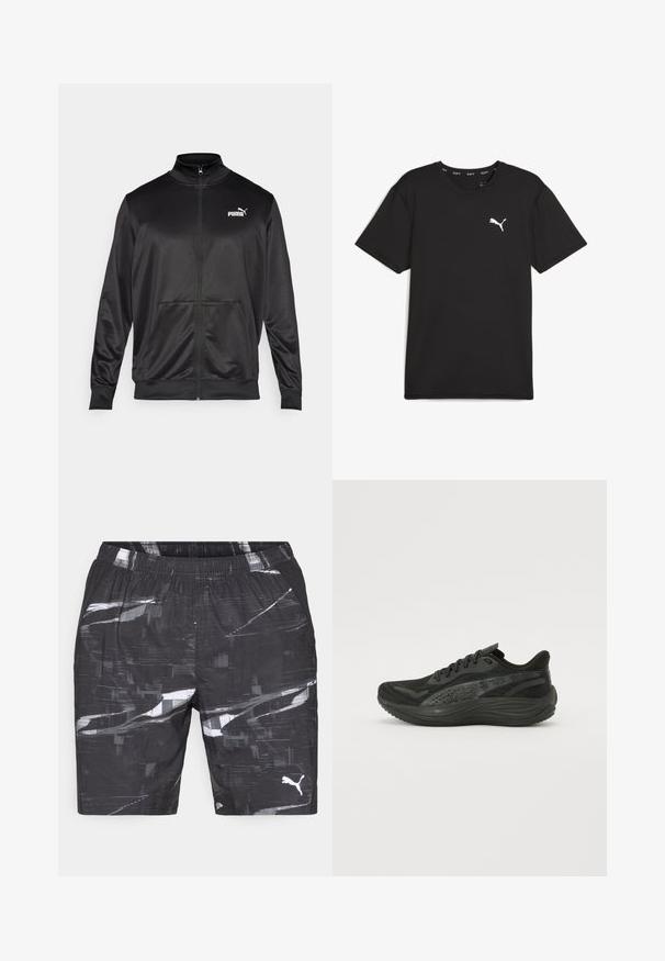 Schwarze Zip-Jacke aus glattem, glänzendem Stoff. Merkmale sind ein hoher Kragen, zwei Fronttaschen und ein weißes Puma-Logo auf der linken Brust.; Schwarz, kurzärmliges Sport-T-Shirt aus synthetischem Fabric, mit einem weißen Puma-Logo auf der oberen linken Brust. Glatte Textur, Rundhalsausschnitt.; Schwarze Shorts mit einem geometrischen, weißen und grauen abstrakten Muster. Elastischer Bund mit zwei Seitentaschen und einem kleinen Logo am linken Bein.; Schwarzer Sportschuh mit Obermaterial aus strukturiertem Mesh, flachen Schnürsenkeln und einer gepolsterten Sohle mit dezenten reflektierenden Akzenten.