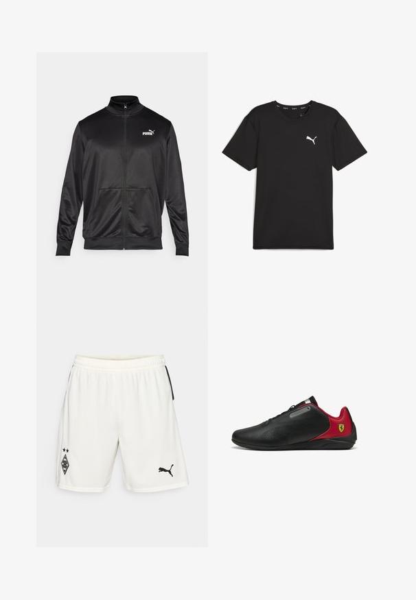 Chaqueta negra con cremallera hecha de un tejido liso y brillante. Presenta un cuello alto, dos bolsillos frontales y un logo blanco de Puma en el lado izquierdo del pecho.; Camiseta deportiva negra de manga corta hecha de tela sintética, con un logo blanco de Puma en la parte superior izquierda del pecho. Textura suave, cuello redondo.; Pantalones cortos deportivos blancos hechos de una tela ligera, con un logo negro en la pierna izquierda y acentos laterales negros. Incluyen una cinturilla elástica.; Zapatillas negras con detalles rojos, diseño elegante, textura perforada en la parte superior, con un acento metálico y un logotipo en el talón.