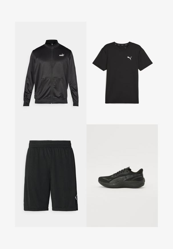 Chaqueta negra con cremallera hecha de un tejido liso y brillante. Presenta un cuello alto, dos bolsillos frontales y un logo blanco de Puma en el lado izquierdo del pecho.; Camiseta deportiva negra de manga corta hecha de tela sintética, con un logo blanco de Puma en la parte superior izquierda del pecho. Textura suave, cuello redondo.; Pantalones cortos deportivos negros hechos de material ligero, con una cintura elástica y un logo blanco en la parte inferior derecha.; Zapatilla deportiva negra con parte superior de malla texturizada, cordones planos y una suela acolchada con sutiles acentos reflectantes.
