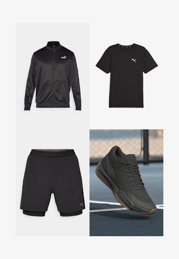 Svart zip-up jacka i slät, glänsande tyg. Har hög krage, två framfickor och en vit Puma-logotyp på vänster bröst.; Svart kortärmad tränings-T-shirt i syntetmaterial, med en vit Puma-logotyp på övre vänstra bröstet. Slät textur, rund hals.; Svarta sportshorts med en lagerdesign, med en slät yttermaterial, elastisk midja och innermeshfoder. Logotyp på sidan.; Svart sportskor med en slät syntetisk ovandel, strukturerade detaljer och en sula i gummigummi, designad för prestanda och komfort.