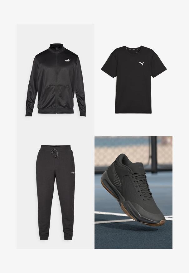 Zwarte jas met rits, gemaakt van een gladde, glanzende stof. Heeft een hoge kraag, twee voorzakken en een wit Puma-logo op de linkerborst.; Zwart sport t-shirt met korte mouwen van synthetische stof, met een wit Puma-logo op de bovenste linkerborst. Gladde textuur, ronde hals.; Zwarte joggingbroek van zacht materiaal, met een trekkoord in de taille, boorden aan de enkels en een klein logo aan de onderzijde.; Zwarte sportieve schoen met een glad synthetisch bovenwerk, gestructureerde accenten en een gumrubberen zool, ontworpen voor prestaties en comfort.