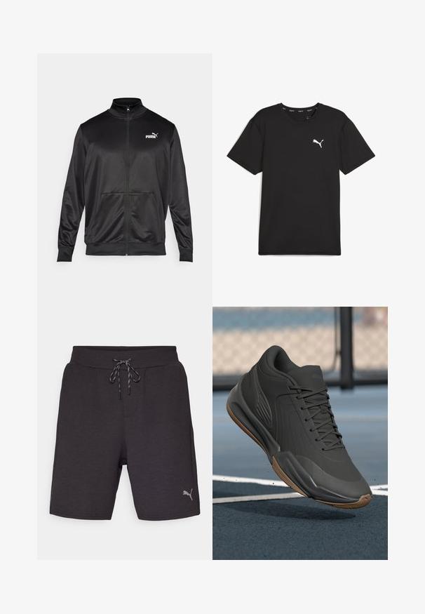 Svart zip-up jacka i slät, glänsande tyg. Har hög krage, två framfickor och en vit Puma-logotyp på vänster bröst.; Svart kortärmad tränings-T-shirt i syntetmaterial, med en vit Puma-logotyp på övre vänstra bröstet. Slät textur, rund hals.; Mörkgråa sportshorts för män, tillverkade av mjukt tyg. De har en elastisk midja med dragsko och en liten silverlogotyp på sidan.; Svart sportskor med en slät syntetisk ovandel, strukturerade detaljer och en sula i gummigummi, designad för prestanda och komfort.