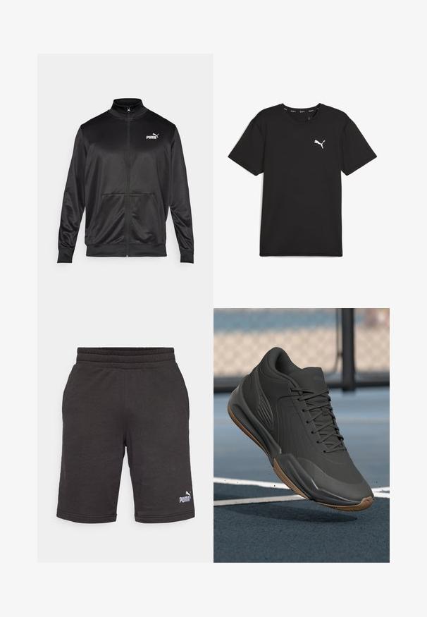 Svart zip-up jacka i slät, glänsande tyg. Har hög krage, två framfickor och en vit Puma-logotyp på vänster bröst.; Svart kortärmad tränings-T-shirt i syntetmaterial, med en vit Puma-logotyp på övre vänstra bröstet. Slät textur, rund hals.; Svarta träningsshorts med resårmidja, med en mjuk textur och en liten vit Puma-logotyp på det nedre vänstra benet.; Svart sportskor med en slät syntetisk ovandel, strukturerade detaljer och en sula i gummigummi, designad för prestanda och komfort.