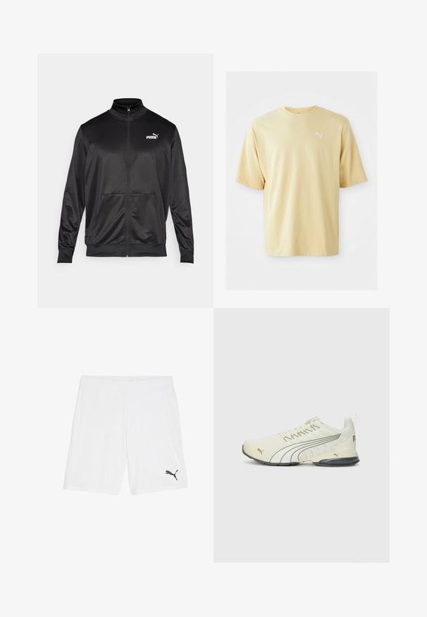 Schwarze Zip-Jacke aus glattem, glänzendem Stoff. Merkmale sind ein hoher Kragen, zwei Fronttaschen und ein weißes Puma-Logo auf der linken Brust.; Kurzärmliges T-Shirt aus leichtem, gelbem Baumwollstoff. Hat einen Rundhals-Ausschnitt und ein kleines weißes Logo auf der linken Brust. Glatte Textur.; Weiße Sportshorts aus leichtem Material, mit einem elastischen Bund und einem kleinen schwarzen Logo auf der unteren linken Seite.; Herren Sneaker, in hellem cremfarben, mit Obermaterial aus Mesh und grauen Akzenten, geschnürt, gepolsterte Sohle, Puma-Logo an der Seite und Ferse.