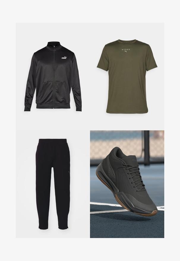 Sort zip-jakke lavet af glat, skinnende stof. Har en høj krave, to forlommer og et hvidt Puma-logo på venstre bryst.; Oliven grøn atletisk T-shirt i letvægtsstof med rund hals og korte ærmer. "HYROX" logo og Puma emblem på brystet.; Sorte teksturerede joggingbukser med elastisk talje og sidelommer, med et lille Puma-logo på venstre lår.; Sort sportssko med en glat syntetisk overdel, teksturerede accenter og en gummigummisål, designet til ydeevne og komfort.