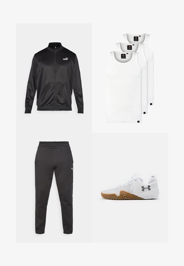 Chaqueta negra con cremallera hecha de un tejido liso y brillante. Presenta un cuello alto, dos bolsillos frontales y un logo blanco de Puma en el lado izquierdo del pecho.; Tres camisetas sin mangas de algodón de color blanco con canalé. Cuentan con cuello redondo y pequeñas etiquetas negras cerca del dobladillo. Disponibles en múltiples tamaños.; Pantalones de chándal negros hechos de material suave, con una cinturilla elástica ajustable, bolsillos laterales y un sutil detalle de logo en el muslo izquierdo.; Zapatillas deportivas blancas con parte superior de malla, suela de goma de color goma, acentos texturizados y un logo negro en el costado.