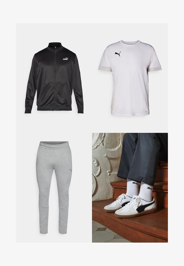 Sort zip-jakke lavet af glat, skinnende stof. Har en høj krave, to forlommer og et hvidt Puma-logo på venstre bryst.; Hvid kortærmet træningsshirt med rund halsudskæring, der har åndbare mesh-detaljer i siderne og et sort Puma-logo på brystet.; Grå sweatpants med en struktureret stof, elastisk talje og tætsiddende form. Har hvide sidestriber og et lille logo på låret.; Puma sneakers i hvid og sort ruskind med en brun gummisål. Bæres med hvide sokker med et sort logo og mørke bukser.