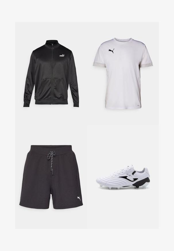 Black zip-up jacket made of smooth, shiny fabric. Features a high collar, two front pockets, and a white Puma logo on the left chest.; White short-sleeve athletic shirt with a round neckline, featuring breathable mesh accents on the sides and a black Puma logo on the chest.; Black athletic shorts with an elastic waistband and adjustable drawstring. Features a small white logo on the lower left side. Soft fabric texture.; White soccer cleat with textured synthetic upper, black accents, lace closure, and six clear studs on a black outsole for traction.