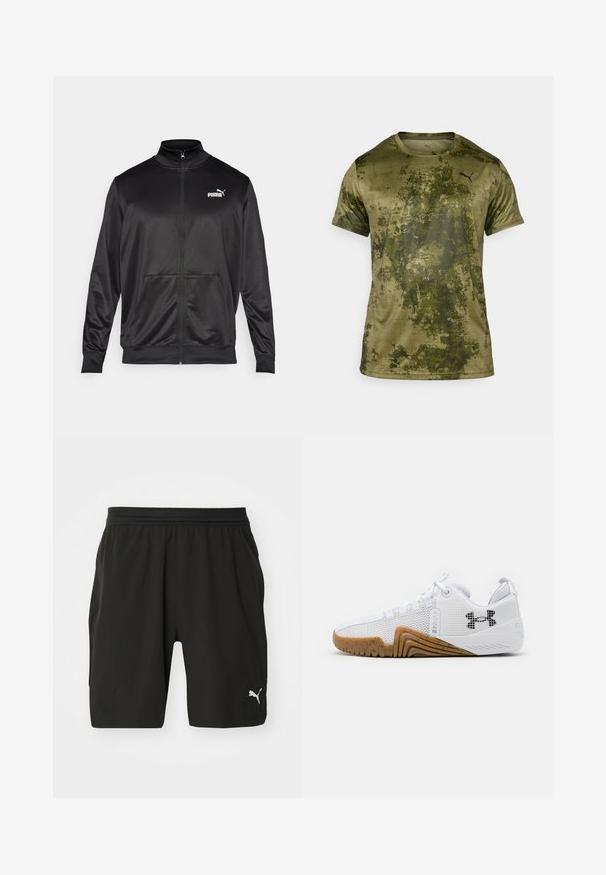 Svart zip-up jacka i slät, glänsande tyg. Har hög krage, två framfickor och en vit Puma-logotyp på vänster bröst.; Kortärmad träningströja i olivgrön med en texturerad, mönstrad yta. Har en liten svart logotyp på den övre vänstra bröstet.; Svarta träningsshorts gjorda av lättviktsmaterial med elastisk midjeband, med två fickor på sidan och en liten vit logotyp på den nedre framsidan.; Vita atletiska skor med en meshuverdel, gummisula i gumfärg, texturerade detaljer och en svart logotyp på sidan.