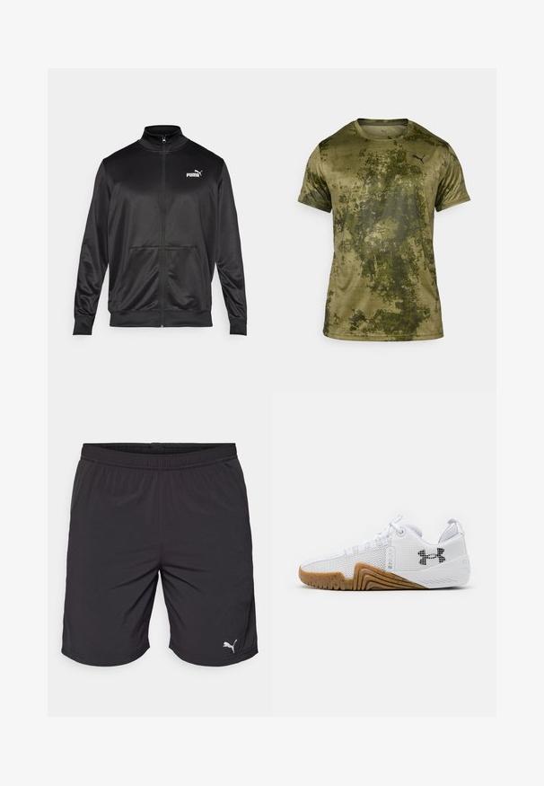 Zwarte jas met rits, gemaakt van een gladde, glanzende stof. Heeft een hoge kraag, twee voorzakken en een wit Puma-logo op de linkerborst.; Korte mouwen sportshirt in olijfgroen met een gestructureerde, gemusterde afwerking. Bevat een klein zwart logo op de linkerborst.; Zwarte sportshorts van lichtgewicht stof met een elastische tailleband. Voorzien van een klein wit Puma-logo aan de linkeronderzijde.; Witte sportschoenen met een bovenwerk van mesh, rubberen buitenzool in een gomkleur, textuuraccenten en een zwart logo op de zijkant.