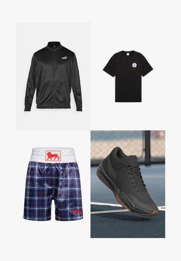 Melnā ar rāvējslēdzēju aizdaram veste, izgatavota no gludas, spīdīgas auduma. Tam ir augsta apkakle, divas priekšējās kabatas un balts Puma logotips kreisajā krūtī.; Melna kokvilnas T-kreklā ar īsām piedurknēm, apaļu kakla izgriezumu un apļveida zilu logo kreisajā krūšu daļā. Gluda tekstūra un ikdienišķa piegriezne.; Zilā karotēm ar svītrām peldbikses ar baltu elastīgu jostu un sarkanu lauvas logotipa uzlīmi. Izcelts ar sarkano un baltu rūtiņu rakstu, izskatās sportiski.; Melna sporta apava ar gludu sintētisku virsu, teksturētām akcentiem un gumijas zoli, kas izstrādāta veiktspējai un komfortam.