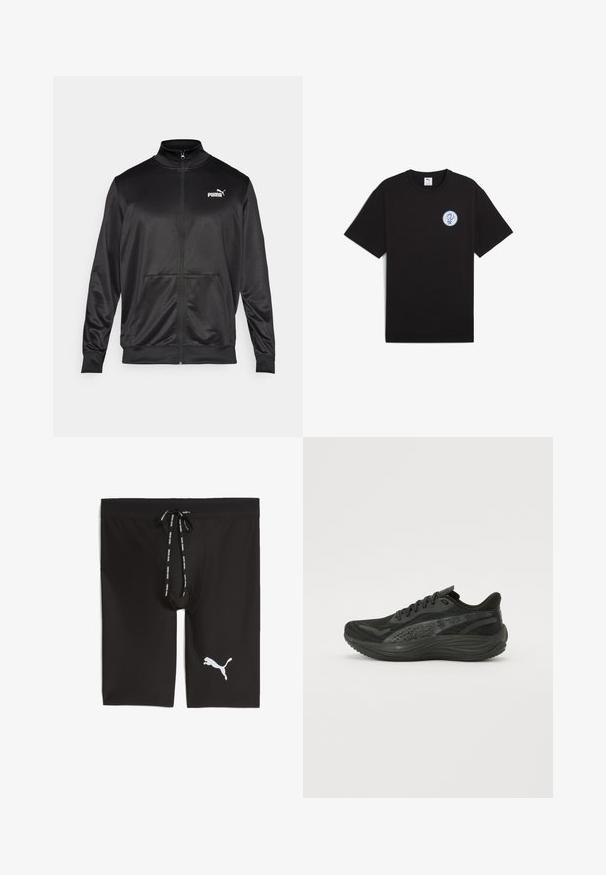 Černá bunda na zip vyrobená z hladké, lesklé látky. Má vysoký límec, dvě přední kapsy a bílé logo Puma na levé straně hrudi.; Černé bavlněné tričko s krátkým rukávem, kulatým výstřihem a modrým logem na levé části hrudníku. Hladká textura a volný střih.; Černé sportovní kraťasy vyrobené z hladkého materiálu s meshovým pasem. Obsahují šňůrku na stažení a bílé logo Puma na levé straně.; Černá sportovní obuv s texturovaným síťovaným svrškem, plochými tkaničkami a polstrovanou podešví s decentními reflexními prvky.
