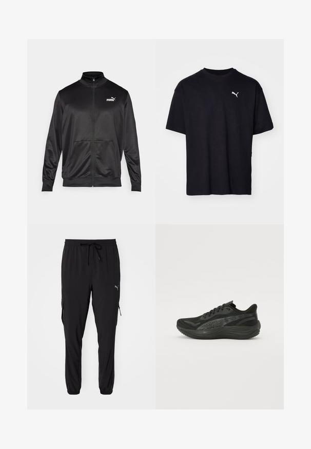 Veste noire zippée en tissu lisse et brillant. Elle possède un col haut, deux poches avant et un logo Puma blanc sur la poitrine gauche.; T-shirt en coton noir à manches courtes, col rond, avec un logo Puma blanc sur le côté supérieur gauche de la poitrine. Coupe classique, texture lisse.; Puma FLEX CARGO PANT - Pantalon de survêtement - black; Chaussure de sport noire avec une tige en mesh texturé, des lacets plats et une semelle rembourrée dotée de subtils accents réfléchissants.