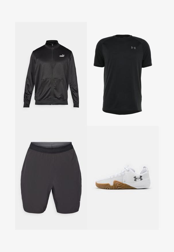 Must läikivast ja siledast kangast must kapuutsiga jakk. Omab kõrget kaelust, kahte esi-taskut ja valget Puma logo vasakul rinnal.; Must värviga lühikeste varrukatega treeningpoliis, mis on valmistatud siledast ja kergest kangast. Omab ümarat kaelust ja diskreetset logo rinnal.; Hallid hallid spordipüksid, mis on valmistatud kergetest materjalidest. Omavad elastset vöökohta, külgi taskuid ja siledat tekstuuri. Ilma nähtavate mustriteta.; Valged sportlikud kingad, mis on varustatud võrgust pealsega, kummise välispõhjaga, millel on pruuni värvi tooni, tekstuursete detailidega ja must logoga külgedel.