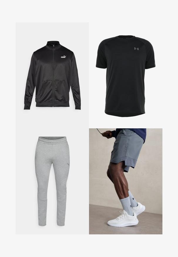 Fekete, sima, fényes anyagból készült, cipzáros dzseki. Magas gallérral, két elülső zsebbel és fehér Puma logóval rendelkezik a bal mellrészen.; Fekete, rövidujjú sportpóló sima, könnyű anyagból. Kerek nyakkivágással és diszkrét logóval a mellkason.; Szürke melegítőnadrág, textúrált anyagból, rugalmas derékpánttal és testre simuló szabással. Fehér oldalsó panelek és egy kicsi logó található a combon.; Fehér sportcipők, amelyek texturált hálós felsőrésszel rendelkeznek, világoskék bordázott zoknival, amely logót visel. Szürke sportshortok perforált díszítéssel.