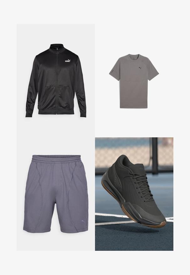 Črna jakna na zadrgo iz gladkega, sijočega materiala. Ima visok ovratnik, dva sprednja žepa in belo Puma logotip na levem prsnem delu.; Siva kratka majica s kratkimi rokavi, izdelana iz gladkega materiala, z okroglim ovratnikom, raglan rokavi in majhnim črnim logotipom Puma na prsih.; Sive kratke hlače za šport z elastičnim pasom, opremljene z šivi in majhnim logotipom na spodnji levi strani. Narejene so iz lahkega materiala.; Črne atletske čevlje z gladkim sintetičnim zgornjim delom, teksturiranimi dodatki in gumijastim podplatom, zasnovani za zmogljivost in udobje.