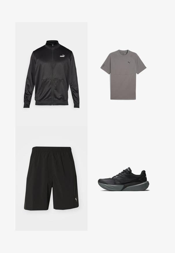 Crna jakna na zip od glatkog, sjajnog materijala. Ima visoki ovratnik, dva prednja džepa i bijeli Puma logo na lijevoj strani grudnog koša.; Siva majica kratkih rukava od glatkog materijala, sa okruglim izrezom, raglan rukavima i malim crnim Puma logom na prsima.; Crne atletske kratke hlače s elastičnim pojasom, izrađene od laganog materijala. Imaju mali bijeli Puma logo na donjoj desnoj nozi.; Crne sportske tenisice s gornjištem od mrežaste tkanine i teksturiranim ukrasima. Imaju debeli sivi međuslojem i elegantan dizajn. Kontrastni logo sa strane.