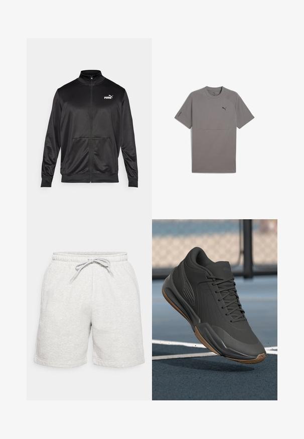 Chaqueta negra con cremallera hecha de un tejido liso y brillante. Presenta un cuello alto, dos bolsillos frontales y un logo blanco de Puma en el lado izquierdo del pecho.; Camiseta gris de manga corta hecha de tejido suave, con un escote redondeado, mangas raglán y un pequeño logo negro de Puma en el pecho.; Shorts de algodón gris claro con cintura elástica, cordón de ajuste y dobladillo enrollado. Presenta un pequeño logo blanco en el lado inferior.; Zapatilla deportiva negra con parte superior de material sintético liso, acentos texturizados y suela de goma, diseñada para un rendimiento y comodidad óptimos.