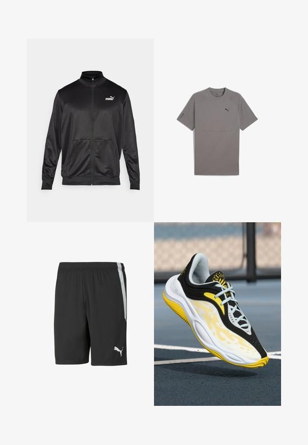 Črna jakna na zadrgo iz gladkega, sijočega materiala. Ima visok ovratnik, dva sprednja žepa in belo Puma logotip na levem prsnem delu.; Siva kratka majica s kratkimi rokavi, izdelana iz gladkega materiala, z okroglim ovratnikom, raglan rokavi in majhnim črnim logotipom Puma na prsih.; Črne športne hlače iz lahkega materiala, z belim stranskim trakom in belim logotipom Puma na spodnjem levem sprednjem delu.; Črne, bele in rumene športne čevlje z blagovno znamko "Curry", ki lebdi nad modrim športnim igriščem z belimi črtami in ozadjem iz verižne ograje.