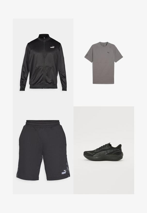 Črna jakna na zadrgo iz gladkega, sijočega materiala. Ima visok ovratnik, dva sprednja žepa in belo Puma logotip na levem prsnem delu.; Siva kratka majica s kratkimi rokavi, izdelana iz gladkega materiala, z okroglim ovratnikom, raglan rokavi in majhnim črnim logotipom Puma na prsih.; Črne atletske kratke hlače iz gladkega materiala, z rebrastim pasom in stranskimi paneli z diskretnim vzorcem. Logo Puma na spodnjem desnem delu.; Črne atletske čevlje z mrežasto zgornjim delom, ravnimi vezalkami in oblazinjeno podplat, ki ima subtilne odsevne akcentne.
