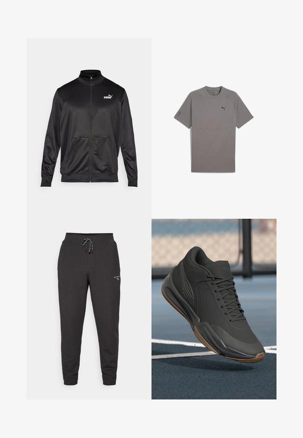 Mustat vetoketjulliset takit, jotka on valmistettu sileästä, kiiltävästä kankaasta. Ominaisuuksiin kuuluvat korkea kaulus, kaksi etutaskua ja valkoinen Puma-logo vasemmassa rinnassa.; Harmaa lyhythihainen t-paita, joka on valmistettu sileästä kankaasta, varustettuna pyöreällä kaula-aukolla, raglan-hihoilla ja pienellä mustalla Puma-logolla rinnassa.; Mustat jogginghousut, jotka on valmistettu pehmeästä kankaasta, sisältävät kiristettävän vyötärön, lahkeet resorilla ja pienen logon alalaidassa.; Musta urheilujalkine, jossa on sileä synteettinen päällinen, tekstuuriset yksityiskohdat ja kuminen pohja, suunniteltu suorituskykyä ja mukavuutta varten.