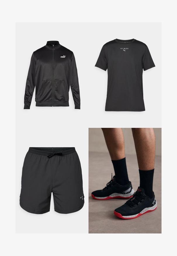 Zwarte jas met rits, gemaakt van een gladde, glanzende stof. Heeft een hoge kraag, twee voorzakken en een wit Puma-logo op de linkerborst.; Zwarte sport t-shirt met korte mouwen van lichtgewicht stof. Heeft een ronde hals en gedrukt "HYROX" logo met een Puma-embleem aan de voorkant.; Zwarte zwemshorts met een elastische tailleband en trekkoord. Lichtgewicht stof met zijzakken. Voorzien van een klein logo op de zoom.; TYR CXT2 - Trainingsschoen - black/red