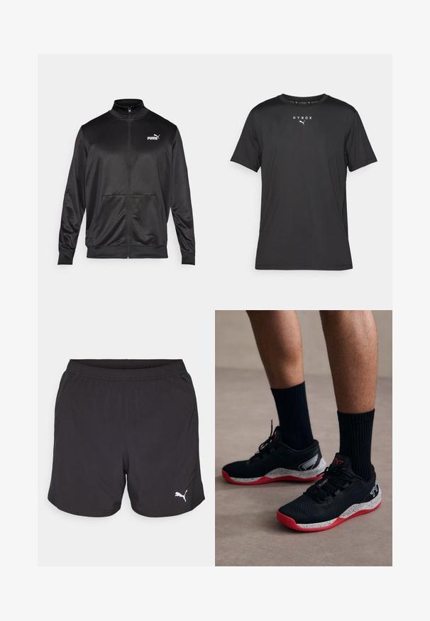 Chaqueta negra con cremallera hecha de un tejido liso y brillante. Presenta un cuello alto, dos bolsillos frontales y un logo blanco de Puma en el lado izquierdo del pecho.; Camiseta deportiva de manga corta negra, hecha de una tela ligera. Cuenta con un cuello redondo y un logo impreso de "HYROX" con un emblema de Puma en la parte frontal.; Pantalones cortos deportivos negros hechos de tela ligera, con una cinturilla elástica y un pequeño logo blanco de Puma en el lado izquierdo.; TYR CXT2 - Zapatillas de entrenamiento - black/red