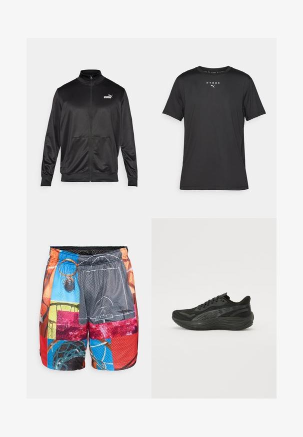 Fekete, sima, fényes anyagból készült, cipzáros dzseki. Magas gallérral, két elülső zsebbel és fehér Puma logóval rendelkezik a bal mellrészen.; Fekete, rövid ujjú sportpóló könnyű anyagból. Kerek nyakkivágással és elöl nyomtatott "HYROX" logóval, valamint Puma emblémával rendelkezik.; Háló kosárlabda rövidnadrág, színes foltvarrásos mintával, amelyen kosárlabdák, gyűrűk és pályák képei láthatók; rugalmas derékpánt zsinórral.; Fekete sportcipő, texturált hálós felsőrésszel, lapos fűzőkkel és párnázott talppal, finom fényvisszaverő részletekkel.