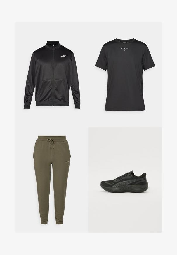 Melnā ar rāvējslēdzēju aizdaram veste, izgatavota no gludas, spīdīgas auduma. Tam ir augsta apkakle, divas priekšējās kabatas un balts Puma logotips kreisajā krūtī.; Melnas īsām piedurknēm sporta T-krekls, kas izgatavots no viegla auduma. Iezīmēts ar apaļu kakla izgriezumu un uzdrukātu "HYROX" logo ar Puma simbolu priekšpusē.; Olīvzaļie sporta bikses ar elastīgu jostasvietu un regulējamu auklu, piedāvājot šauru piegriezumu un smalku logo tuvu kabatai.; Melna sporta kurpe ar teksturētu acu augšdaļu, plakanām auklām un mīkstu zolīti, kurai ir smalkas atstarojošās akcenti.